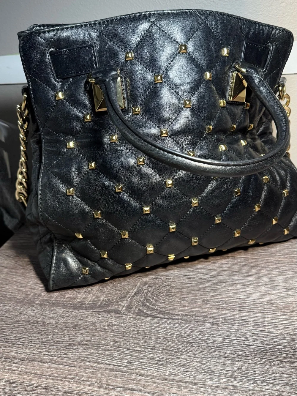 Michael Kors Black Quilted Studded Satchel with Gold Hardware